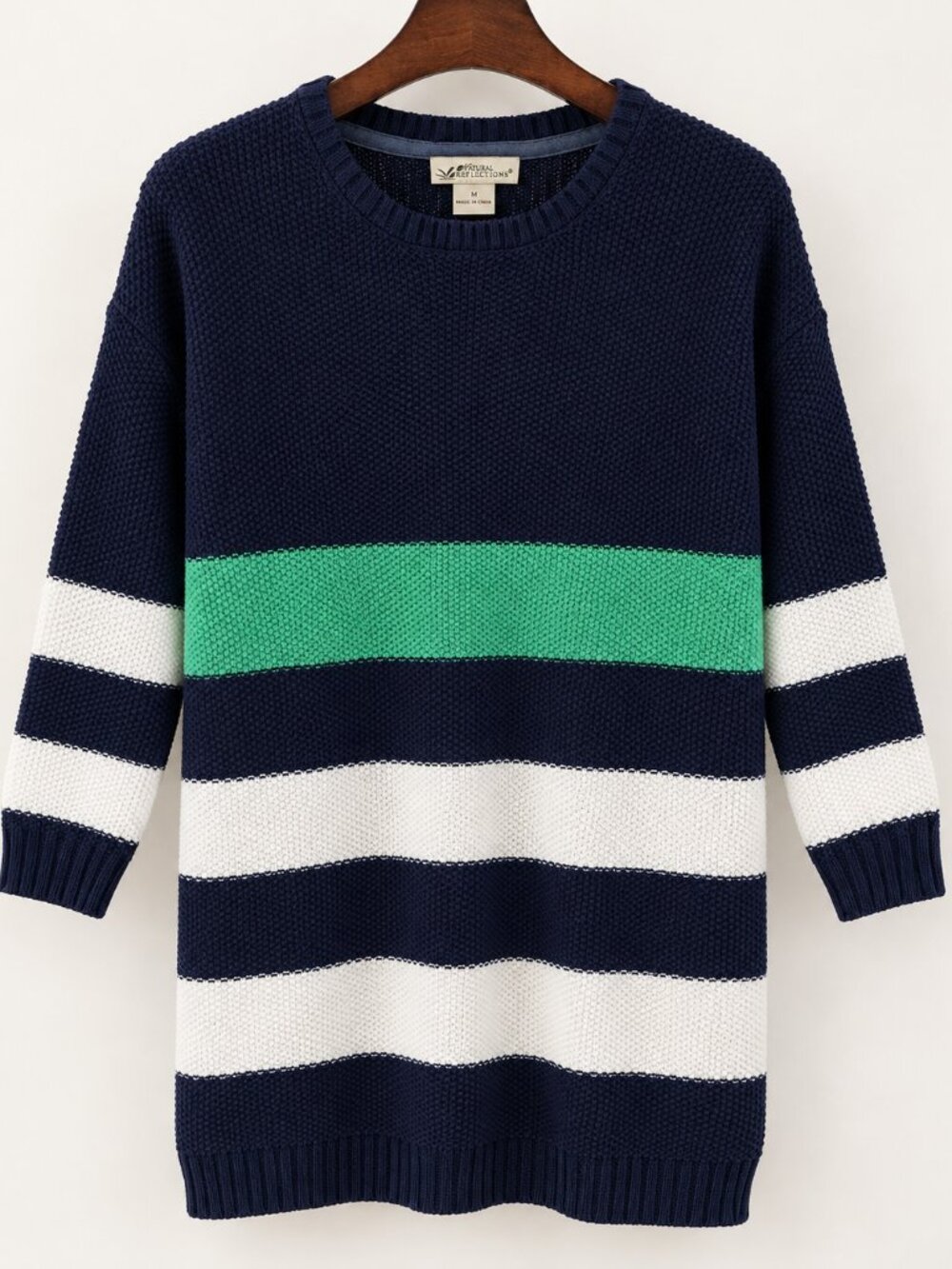 Natural Reflections M Navy Green White Stripe Sweater Tunic Coastal Nautic